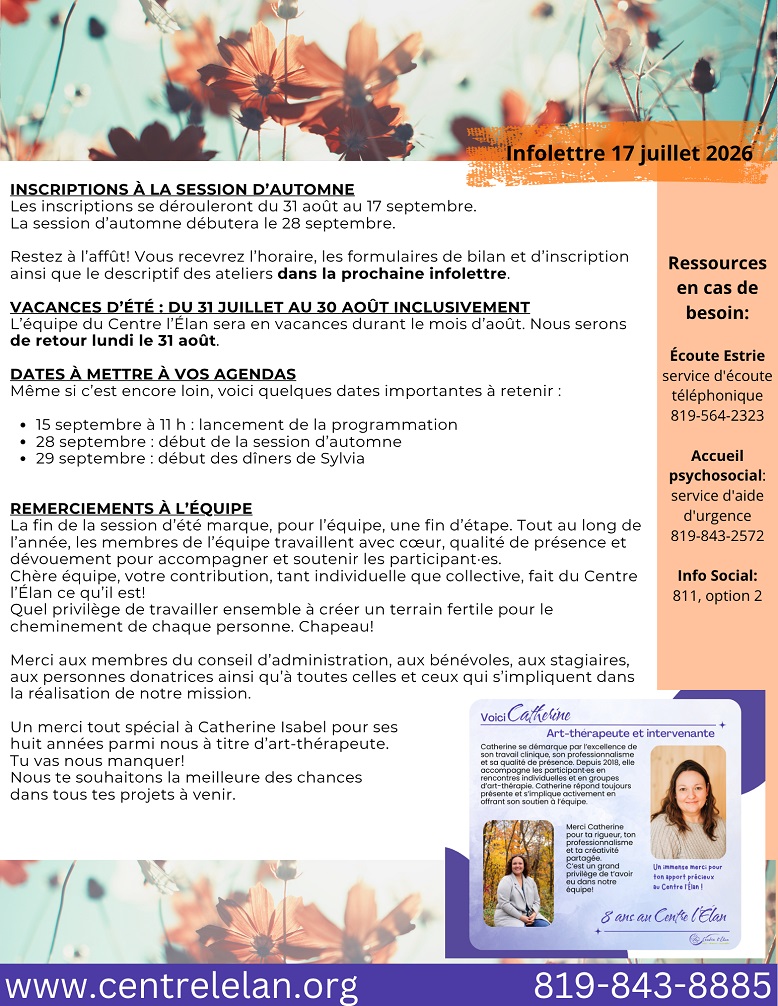 Infolettre 17 juillet 2026