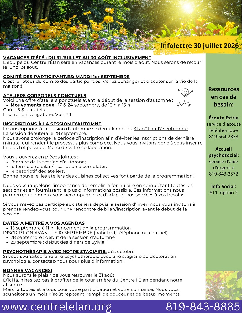 Infolettre 30 juillet 2026