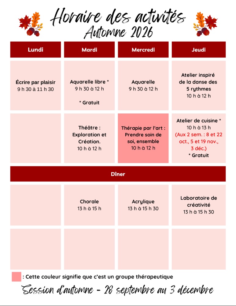 Découvrez le calendrier des activités de la saison de printemps 2026 - Centre l'Élan de Magog - organisme communautaire en santé mentale qui priorise les thérapies par les arts et la créativité comme outils au rétablissement
