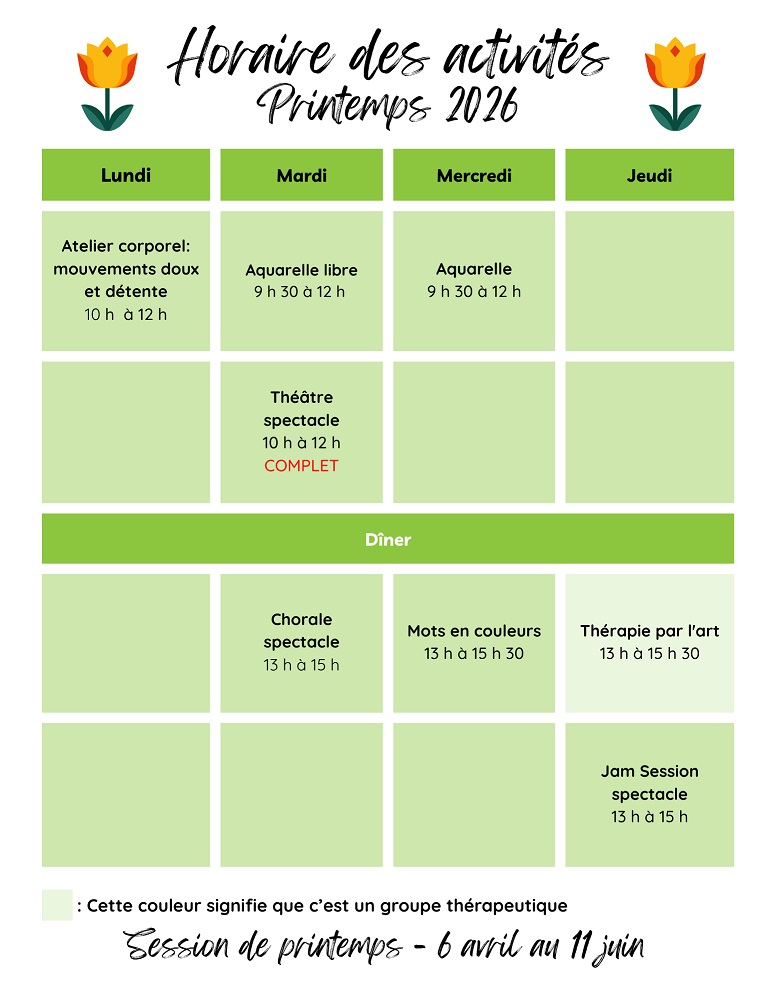 Découvrez le calendrier des activités de la saison de printemps 2026 - Centre l'Élan de Magog - organisme communautaire en santé mentale qui priorise les thérapies par les arts et la créativité comme outils au rétablissement