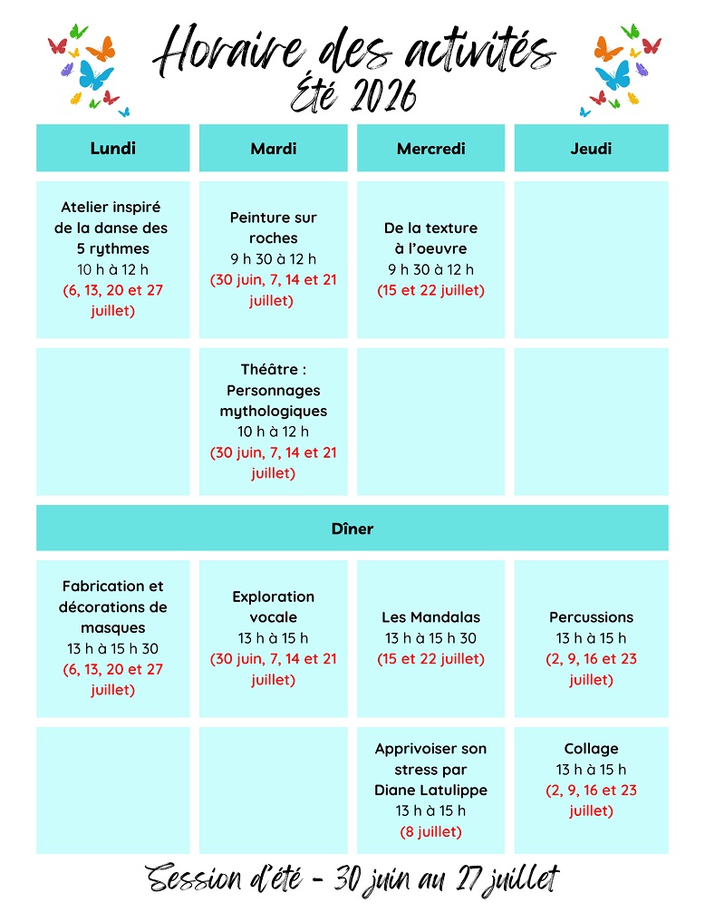 Découvrez le calendrier des activités de la saison de printemps 2026 - Centre l'Élan de Magog - organisme communautaire en santé mentale qui priorise les thérapies par les arts et la créativité comme outils au rétablissement
